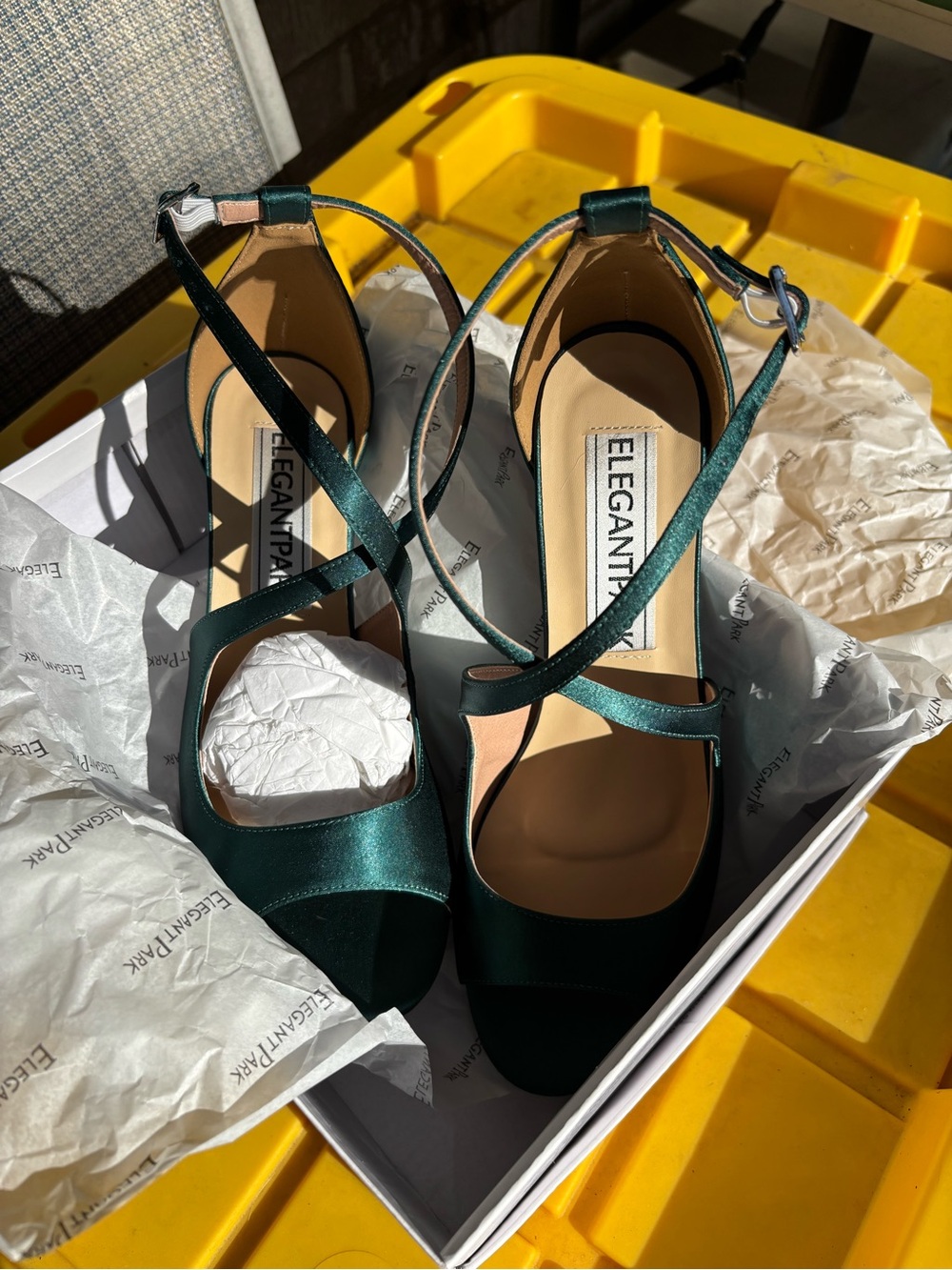 Elegantpark Emerald Satin Crisscross Ankle Strap Heels